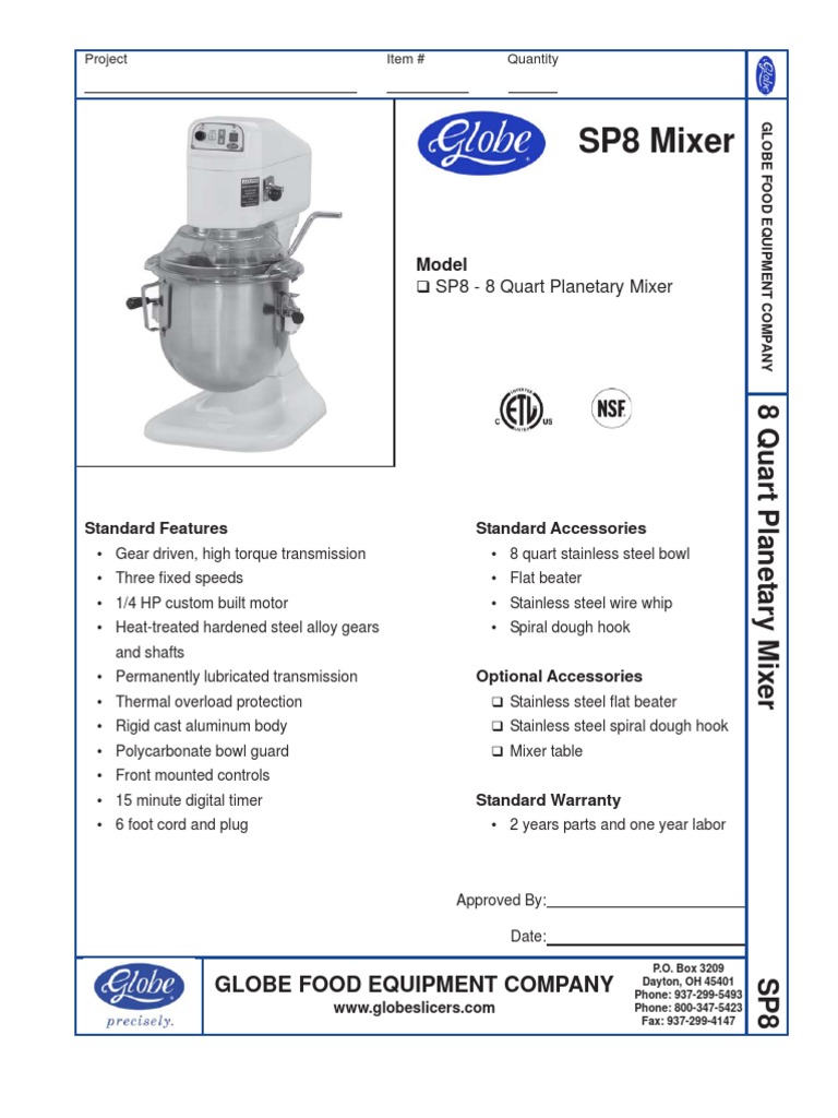 Globe SP8 Specs PDF Mixer (Cooking) Transmission (Mechanics)
