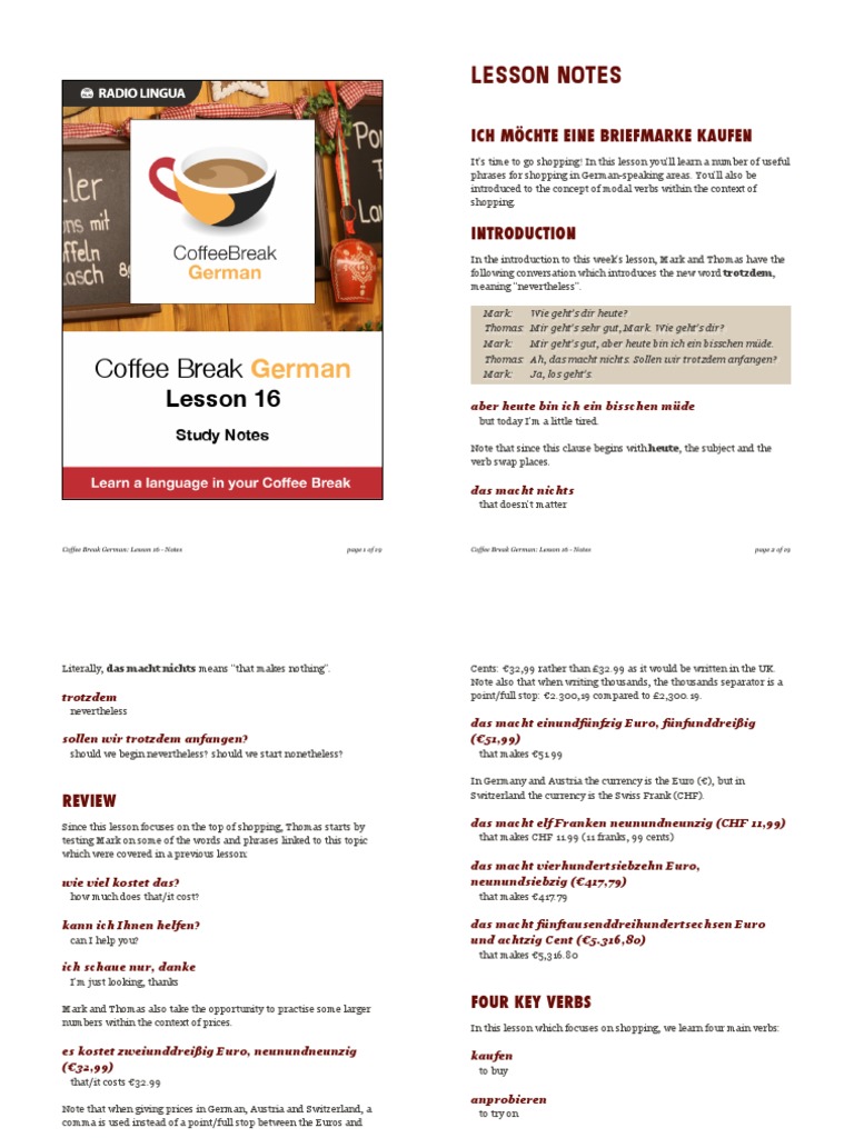 Coffee Break German Lesson 16 PDF Verb Grammatical Number