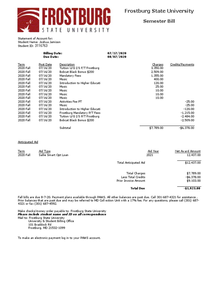 Frostburg State University Semester Bill PDF Banking Services