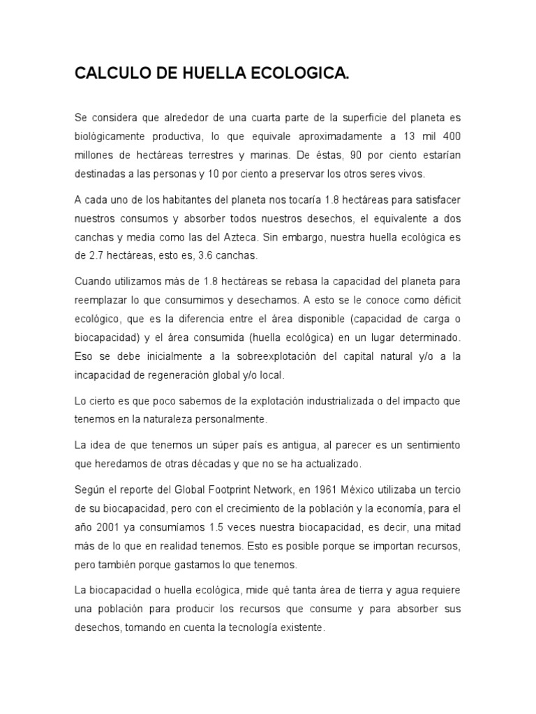 Calculo de Huella Ecologica | PDF | Entorno natural | Ciencias sociales ...