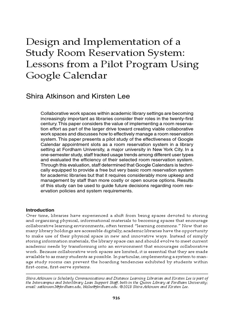 Design and Implementation of A Study Room Reservation System: Lessons Design and Implementation of A Study Room Reservation System: Lessons