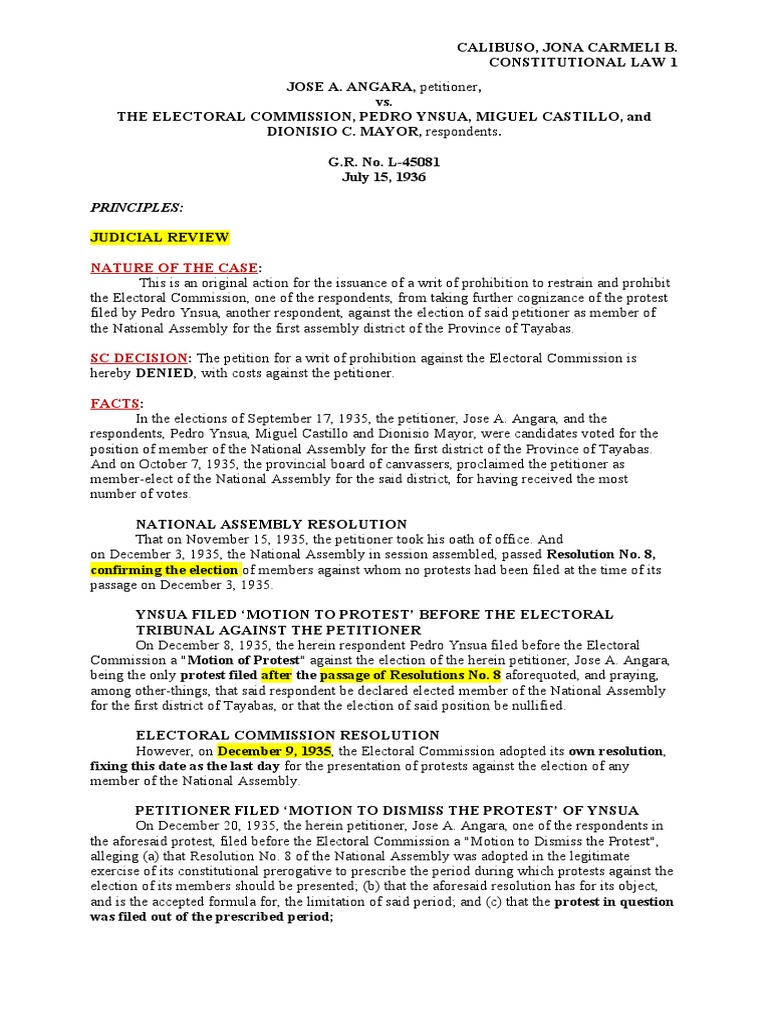Angara v. Electoral Commission Ruling | PDF | Nullification (U.S ...