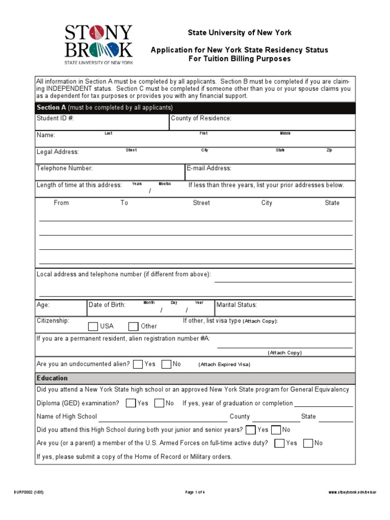 State University of New York Application For New York State Residency