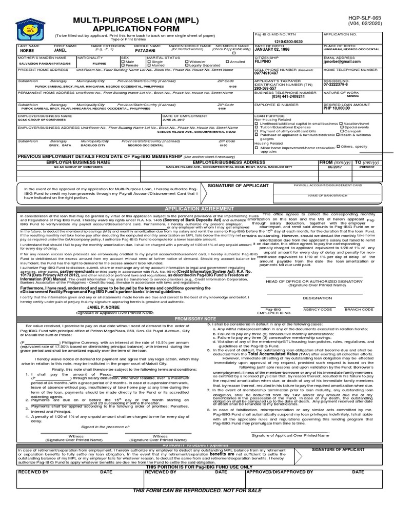 Multi-Purpose Loan (MPL) Application Form: (E.g., JR., II) (For Married ...