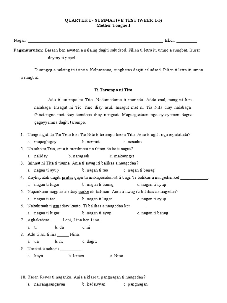 Summative Test MTB 1 (Week 6-10) | PDF