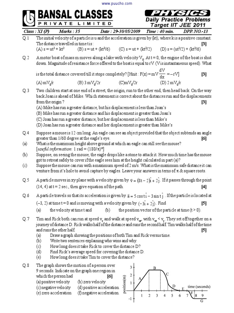 IIT JEE Physics Daily Practice Problems | PDF | Velocity | Acceleration