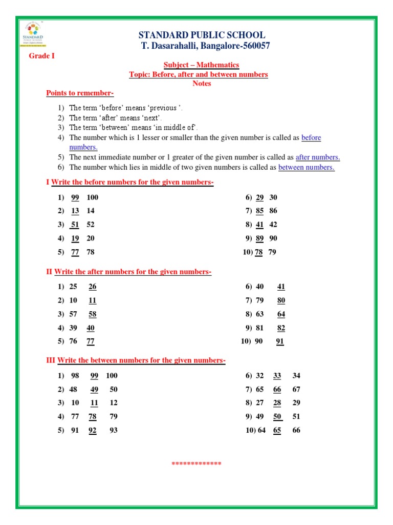 Standard Public School T. Dasarahalli, Bangalore560057 Before Numbers