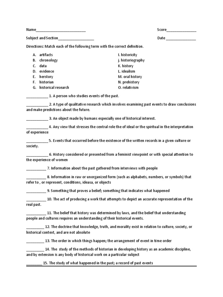 Matching History Terms and Definitions PDF Historiography Historian