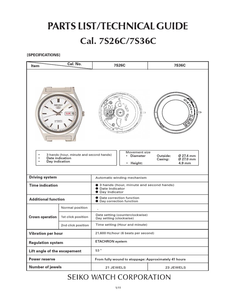 tweet Goodwill elektrode Parts List/ Technical Guide: Cal. 7S26C/7S36C | PDF | Equipment |  Manufactured Goods
