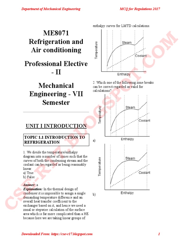 Me8071 Refrigeration and Air Conditioning MCQ Download Free PDF Heat Exchanger Heat Transfer