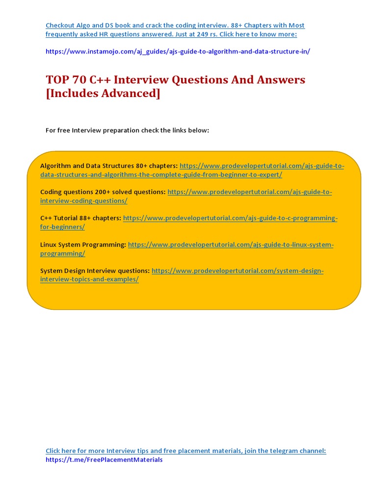 TOP 70 C++ Interview Questions and Answers (Includes Advanced) PDF