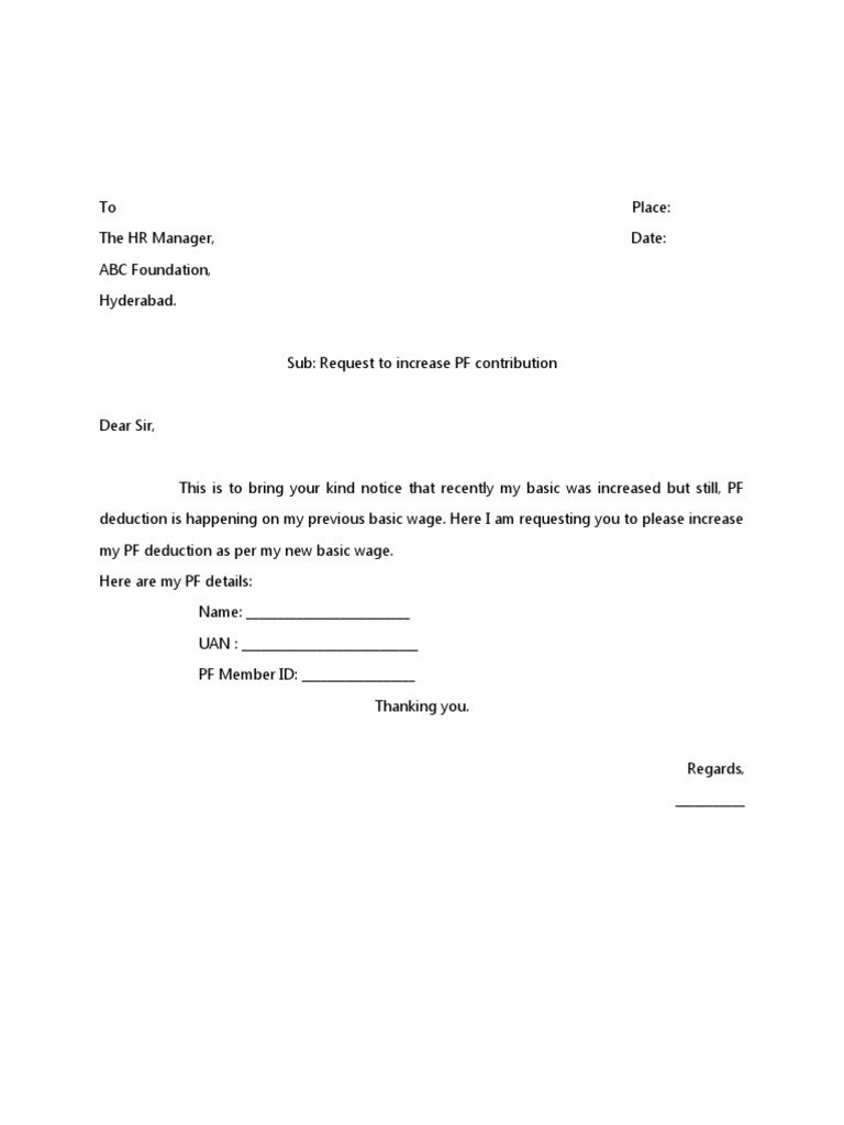 Request letter to increase pf contribution pdf