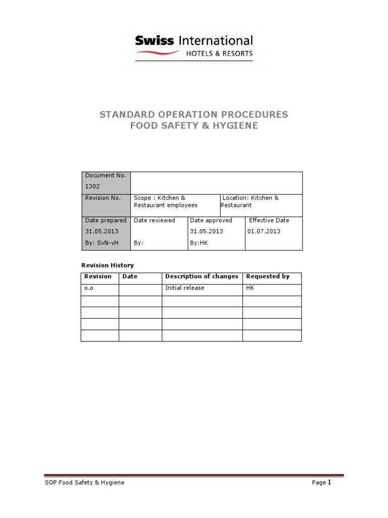 SOP for Food Safety & Hygiene | PDF | Hygiene | Food Safety