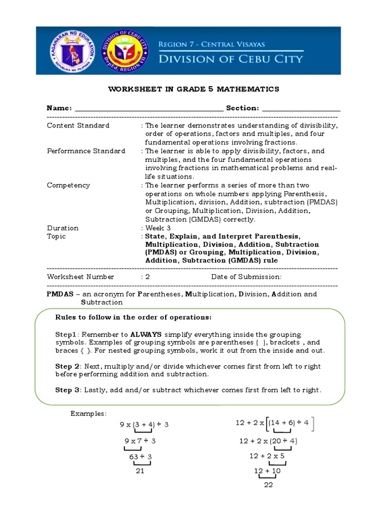 Worksheet in Grade 5 Mathematics Name: - Section | PDF | Bracket ...