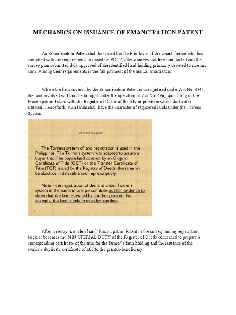 Mechanics On Issuance of Emancipation Patent PDF Deed Land Law