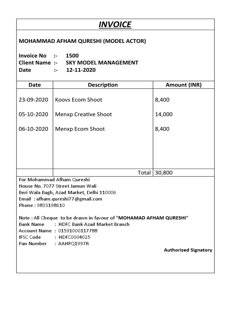 Actor Invoice for Mohammad Qureshi | PDF | Business