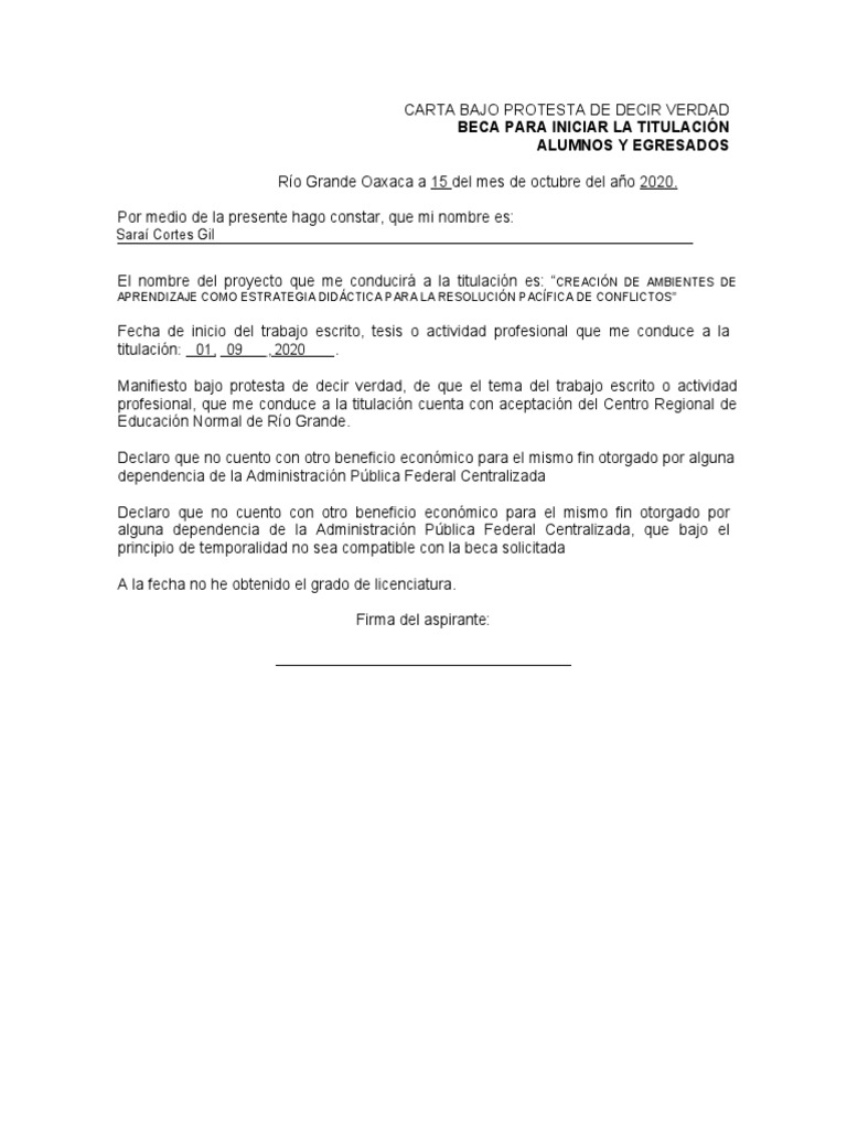 Carta de Protesta para Beca de Titulación | PDF | Negocios