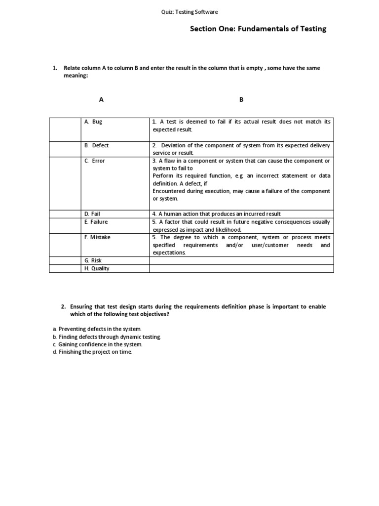Software Testing Fundamentals Quiz | PDF | Software Testing | Component ...