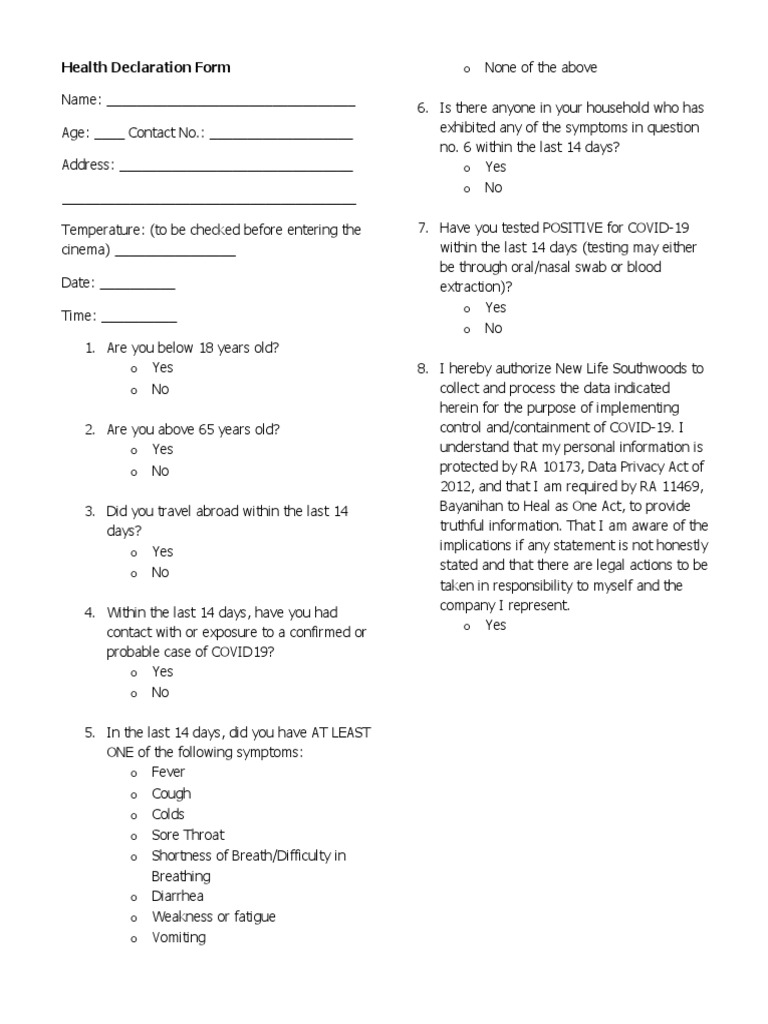 Health Declaration Form for COVID-19 | PDF | Common Cold | Epidemiology