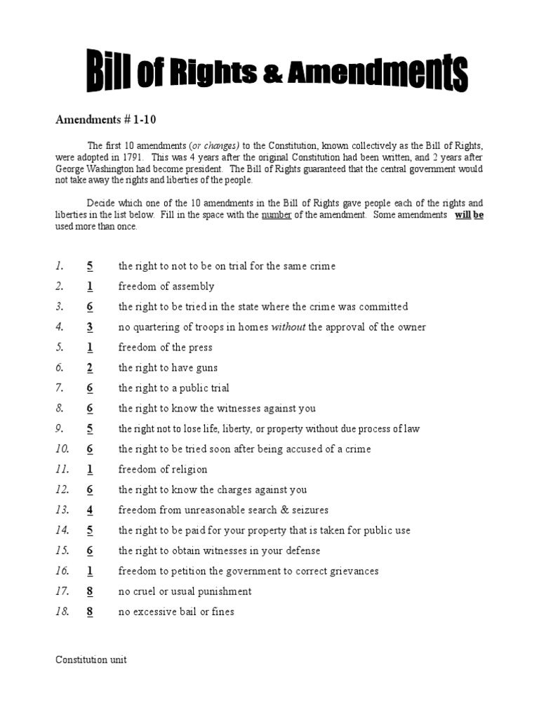 Constitution 12 B O R And Amendments 11 27 Answers Pdf U S State United States Bill Of