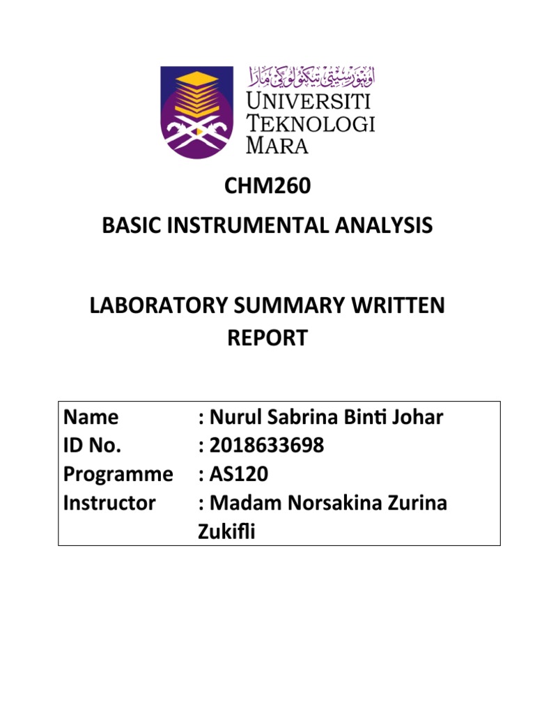 CHM260 Lab Report Submission PDF Spectrophotometry Ultraviolet