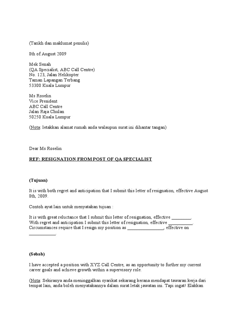 Format Surat Rasmi Berhenti Kerja