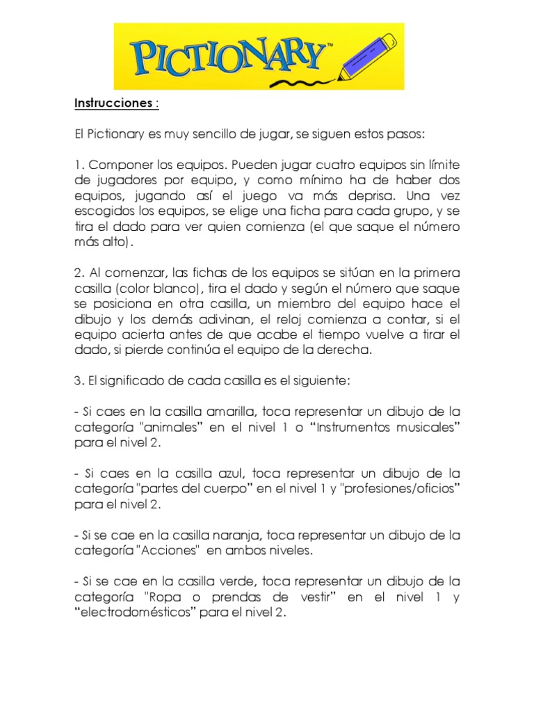 Instrucciones PICTIONARY | PDF | Juego de azar | Ocio