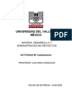 Universidad Del Valle de México: Materia: Desarrollo Y Administración de Proyectos