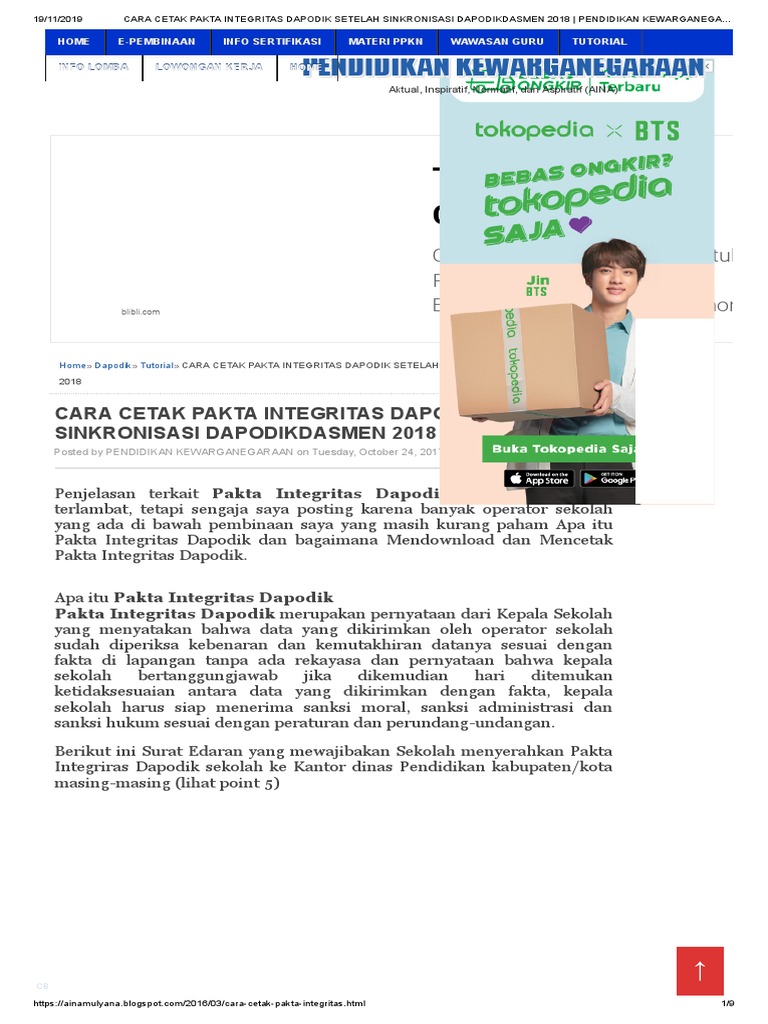 Cara Cetak Pakta Integritas Dapodik Setelah Sinkronisasi Dapodikdasmen 2018 Pendidikan Kewarganegaraan