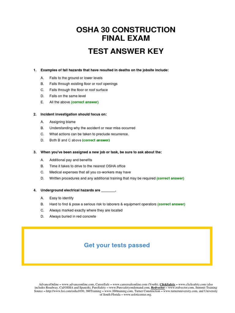 Osha 30 Construction Final Exam Test Answer Key Get Your Tests Passed