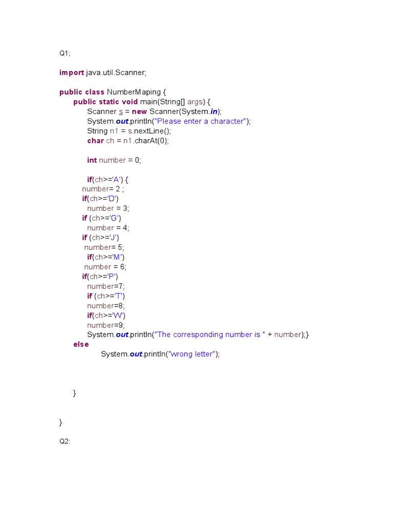 Map Character to Number Java Program PDF