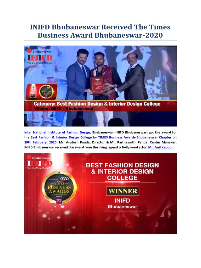 INIFD Bhubaneswar Received The Times Business Award Bhubaneswar | PDF