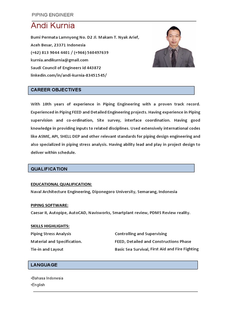 Andi Kurnia: Piping Engineer Profile | PDF | Mechanical Engineering ...