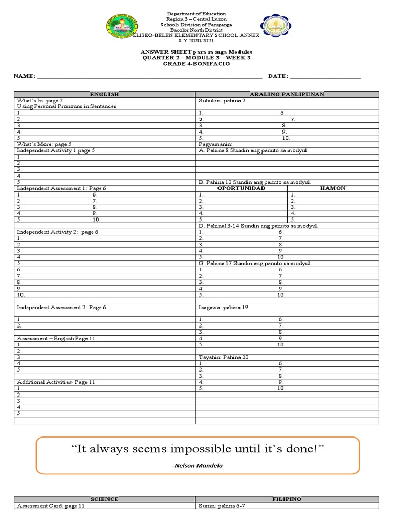 Grade 4 Bonifacio Q2 Week 3 Answer Key | PDF | Teaching Mathematics