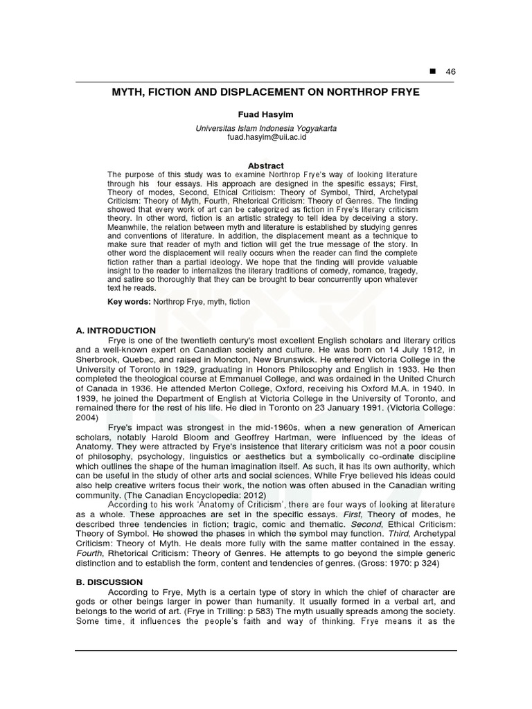 Frye's Myth and Fiction Displacement Theory | PDF | Narrative | Poetry