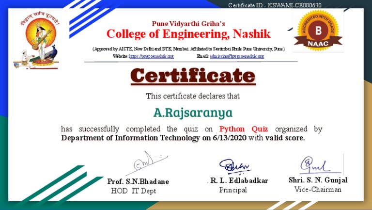 Python Quiz Completion Certificate | PDF