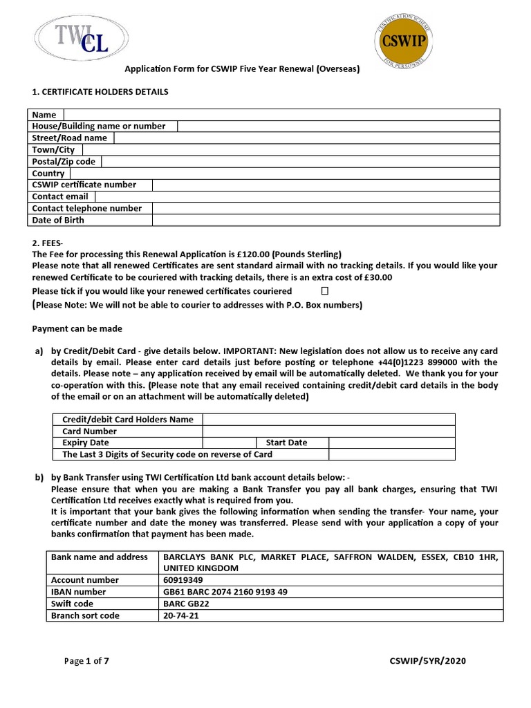 Application Form For CSWIP 5 Year Renewal (Overseas) No Logbook | PDF ...