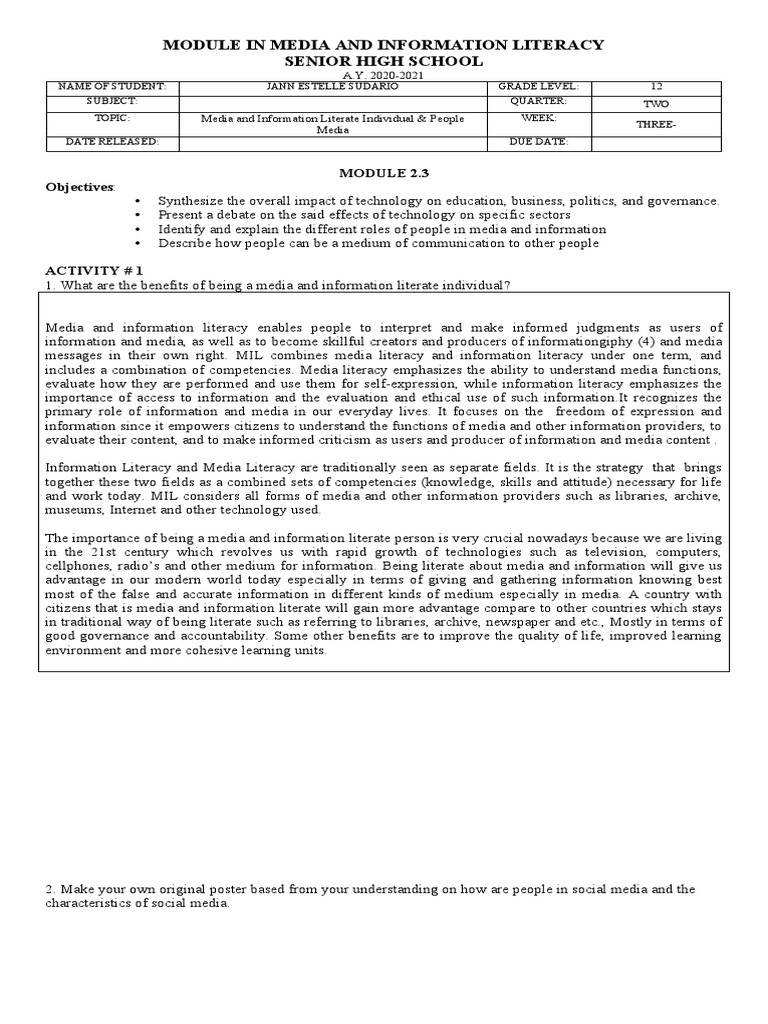 Media and Information Literacy Module 2.3 | PDF | Information Literacy ...