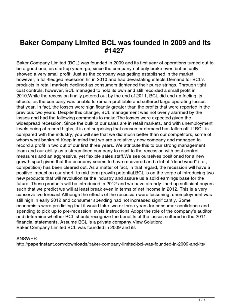Baker Company Limited BCL Was Founded in 2009 and Its PDF PDF