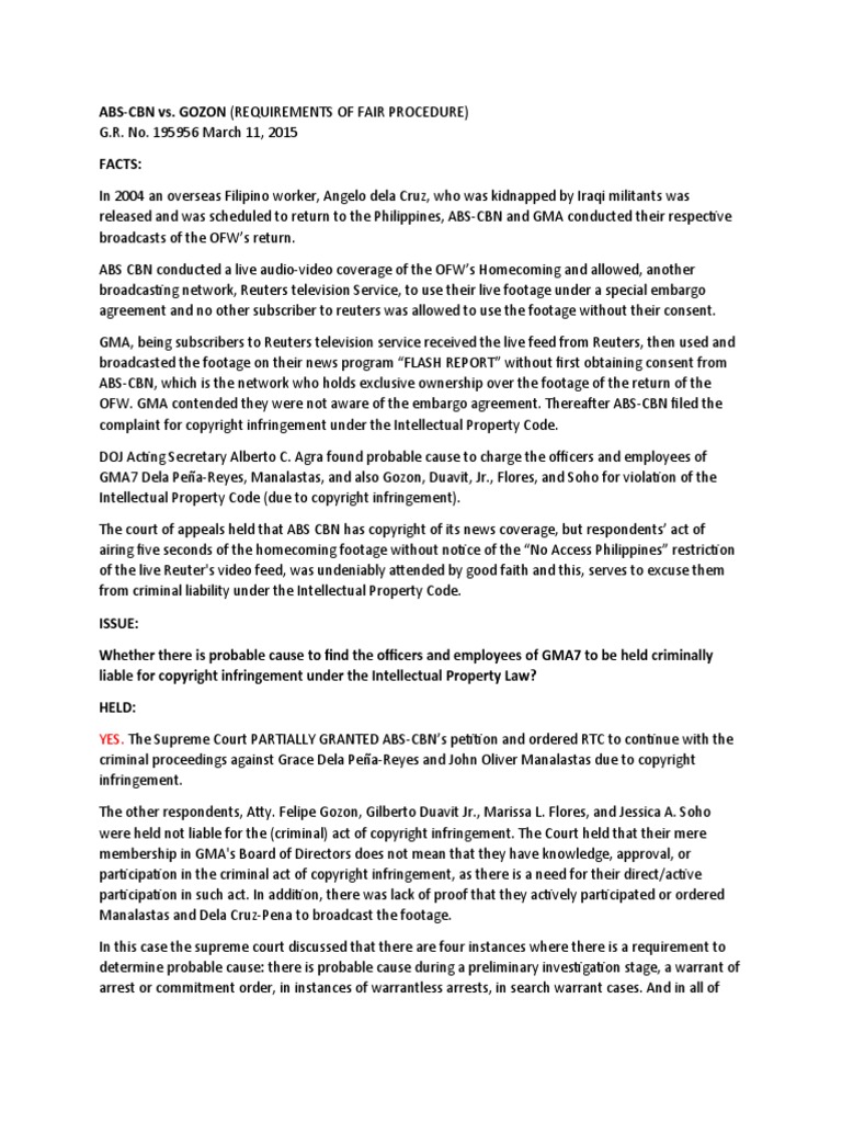 ABS CBN Vs GOZON Download Free PDF Probable Cause Copyright