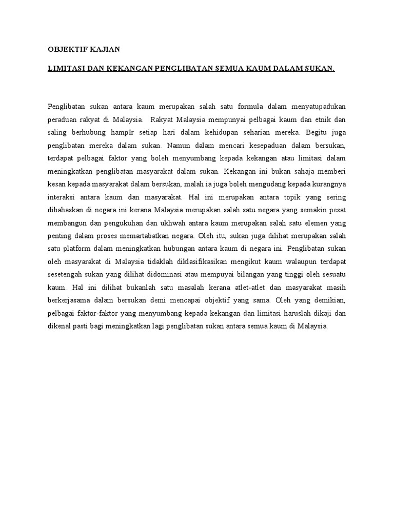 Limitasi Dan Kekangan Penglibatan Kaum Dalam Sukan. | PDF