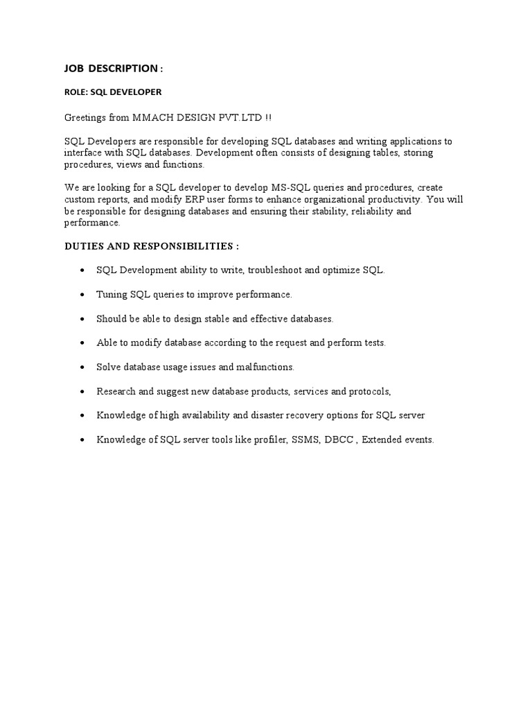 SQL Developer Job Description | PDF