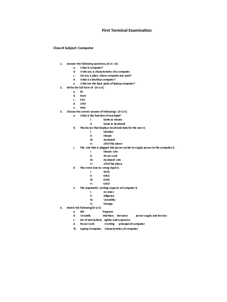 Class 4 Computer Exam Paper Term 1 | PDF