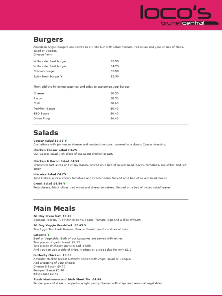Loco's Menu | PDF | Salad | Hamburgers