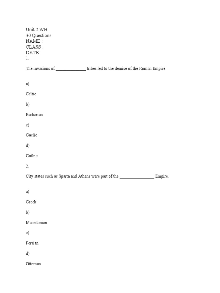 Unit 2 WH Quizizz Review Answer Key | PDF | Ancient Rome | Byzantine Empire
