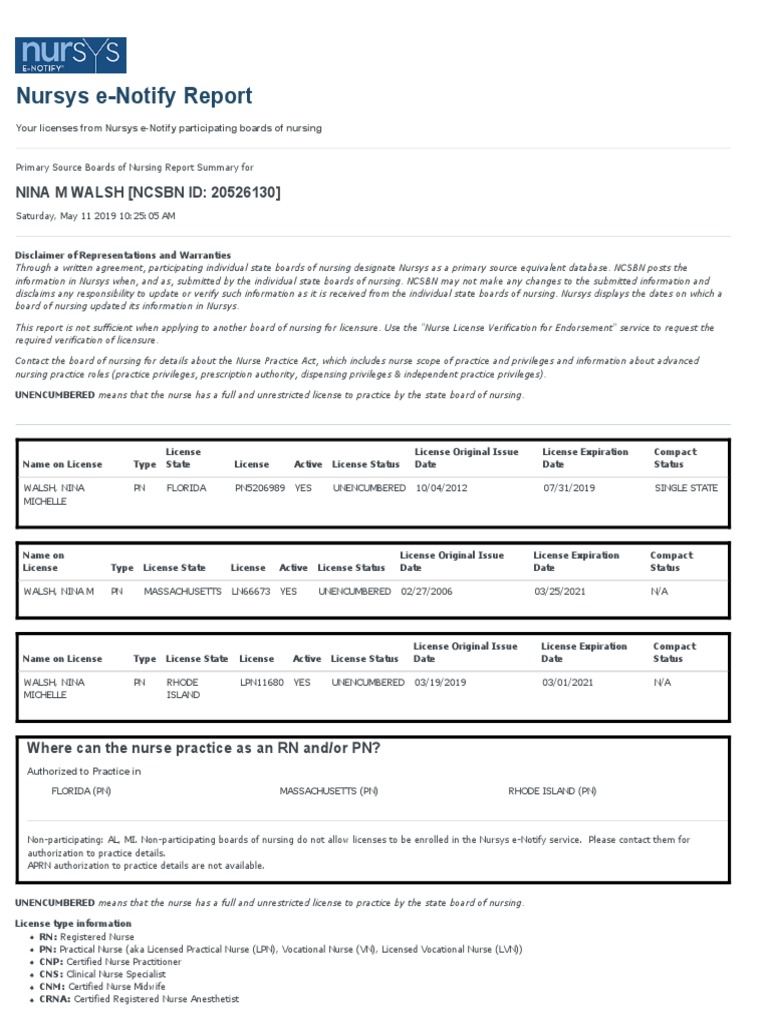 Nursys e Notify Report: NINA M WALSH (NCSBN ID: 20526130) | PDF ...