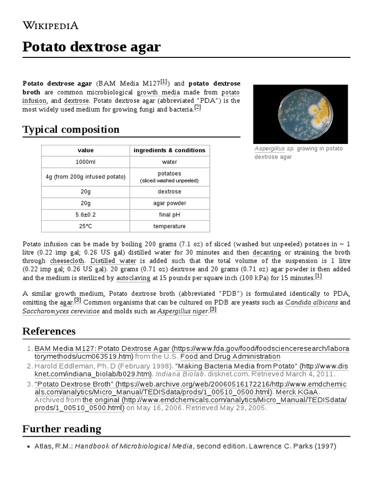 Potato Dextrose Agar: Typical Composition | PDF | Nature
