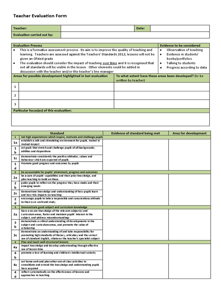 Teacher Evaluation Form Template | PDF | Educational Assessment | Teachers