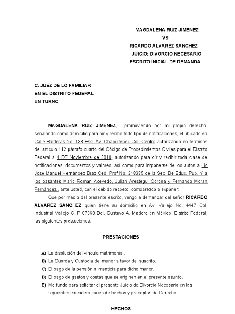 DEMANDA DE DIVORCIO NECESARIO CON HIJOS Divorcio Demanda judicial