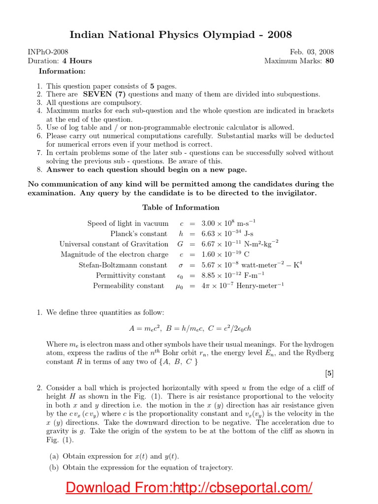 Olympiad Physics INPHO Solved Question Paper 2008 PDF | PDF | Science ...